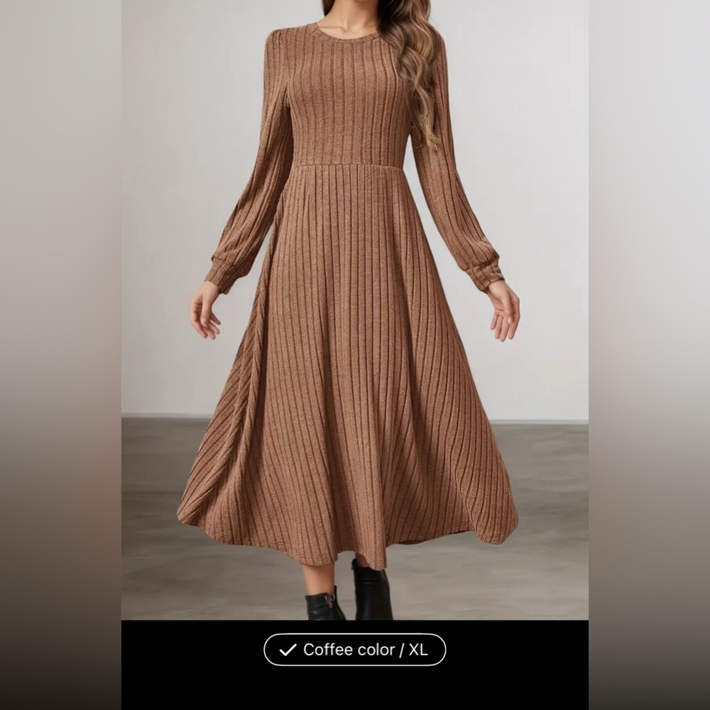 Elegant Brown Ribbed Knit Dress